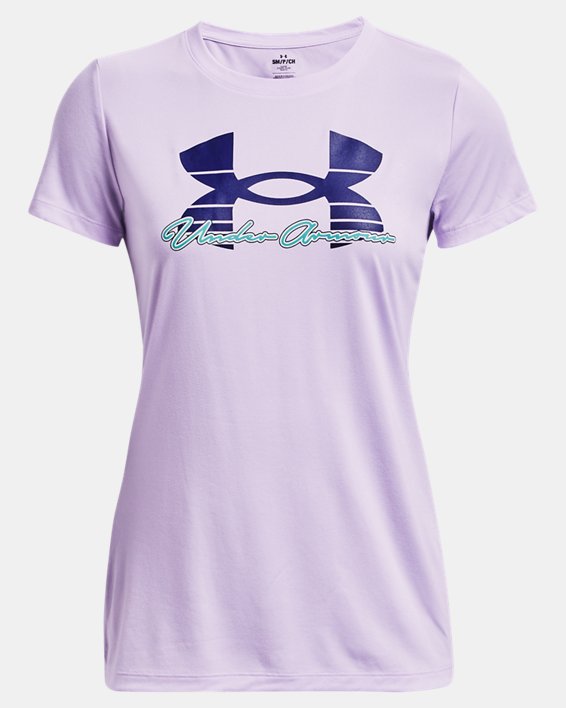 女士UA Tech™ Script短袖T恤 in Purple image number 4